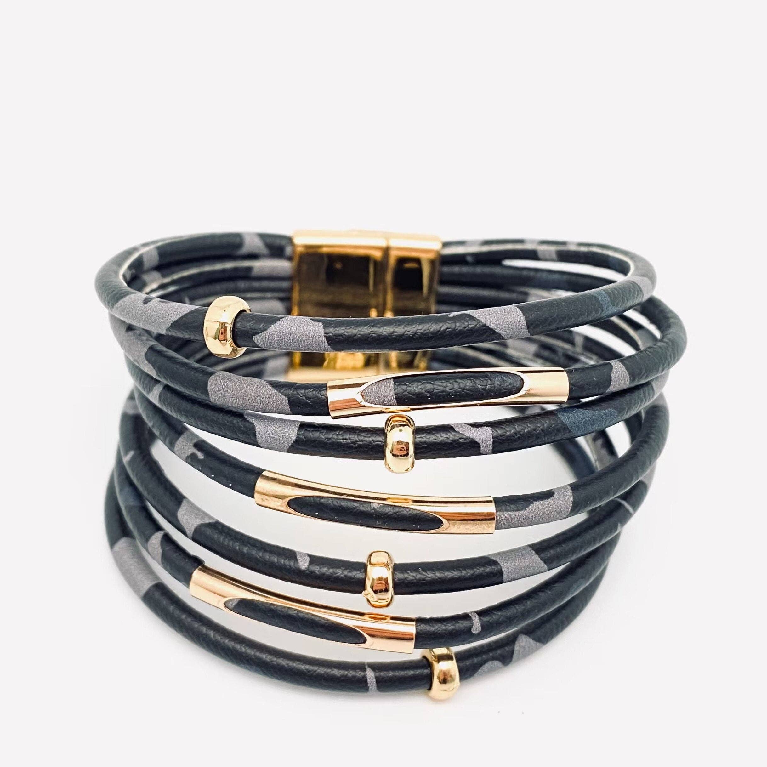 Mio Queena - Magnetic Buckle Leopard-Print Multilayer Beaded Bangle