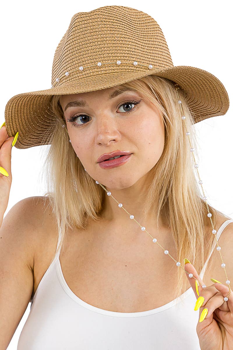 Cap Zone - Faux Pearl Link Chain Fedora Rancher Hat