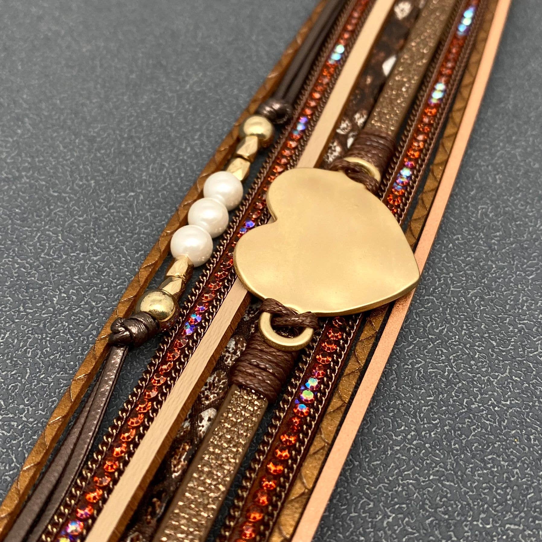 Mio Queena - LB - Heart Charm Multilayer Rhinestone Leather Boho Bracelet