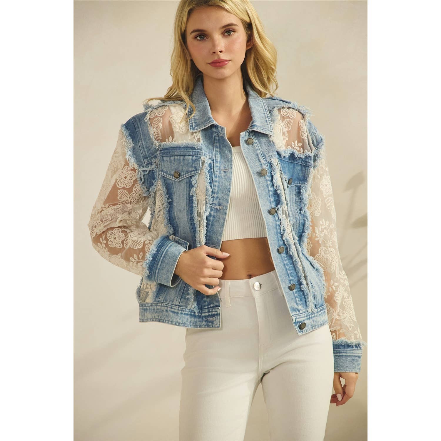 Veveret - Denim Jacket with Floral Organza Inset
