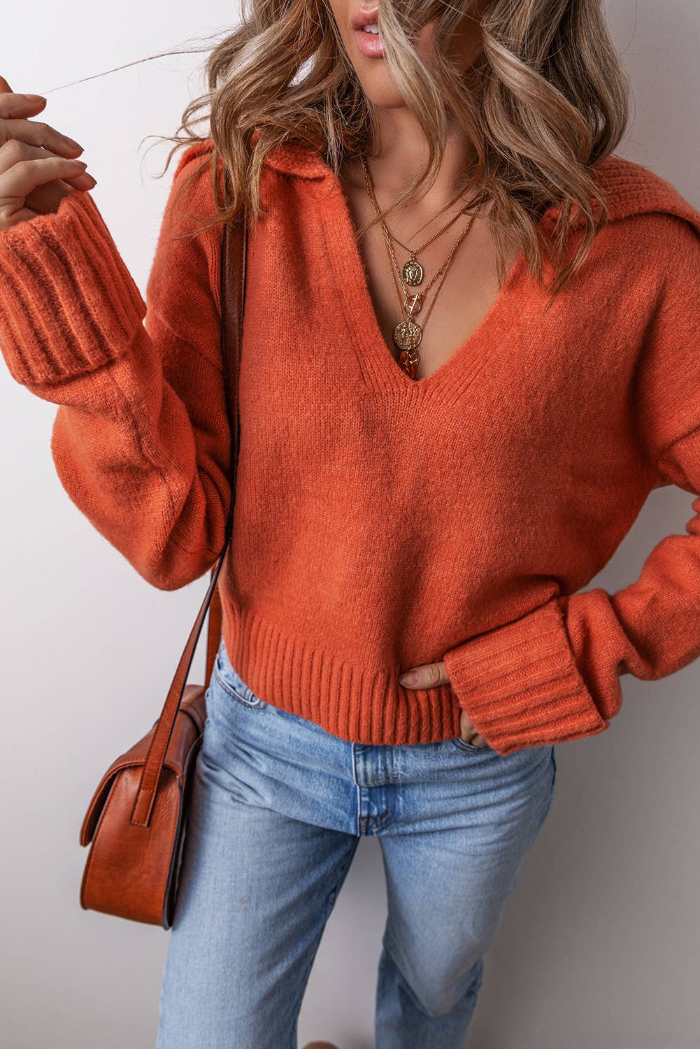 Little Daisy Closet - LDC Collared V Neck Ribbed Edge Sexy Elegant Sweater