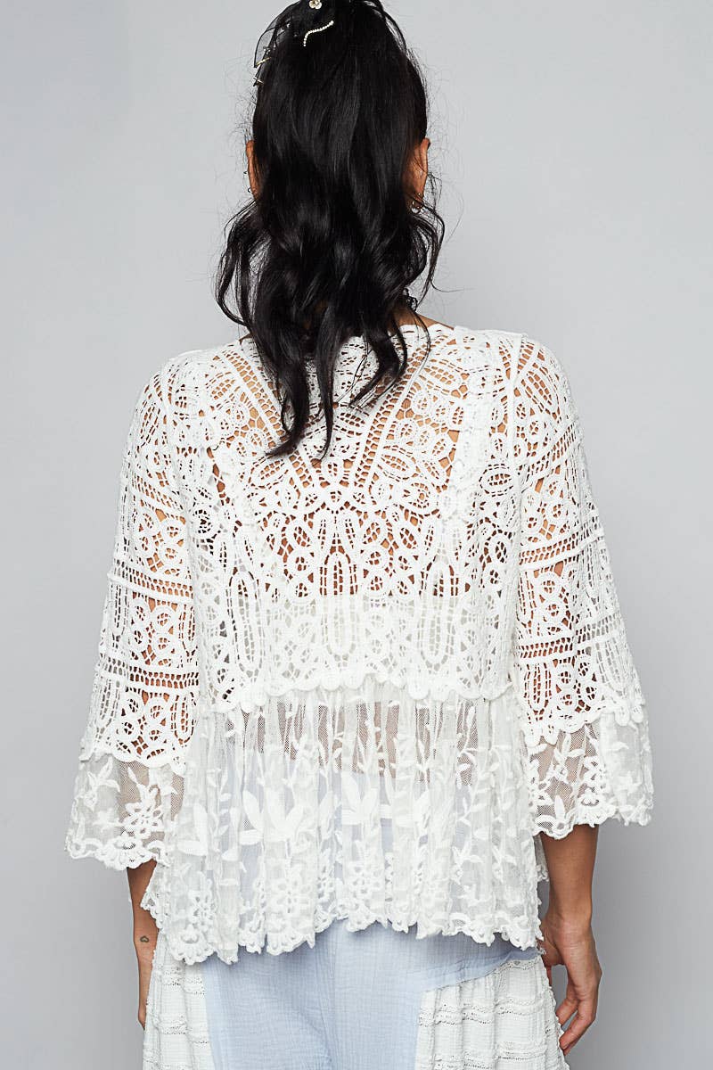 Pol Clothing - V-neck short sleeve crochet floral lace cardigan