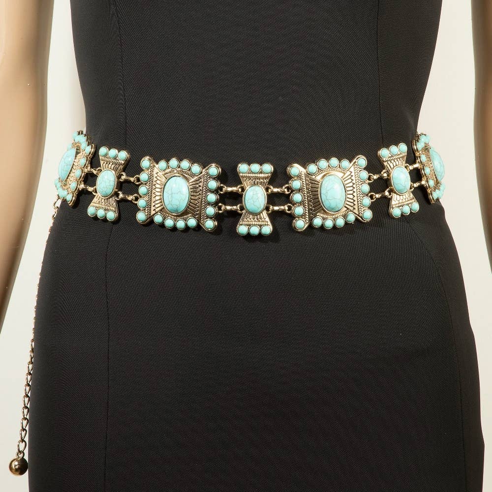 Collections by Fame Accessories - Turquoise Stone Western Concho Chain Belt