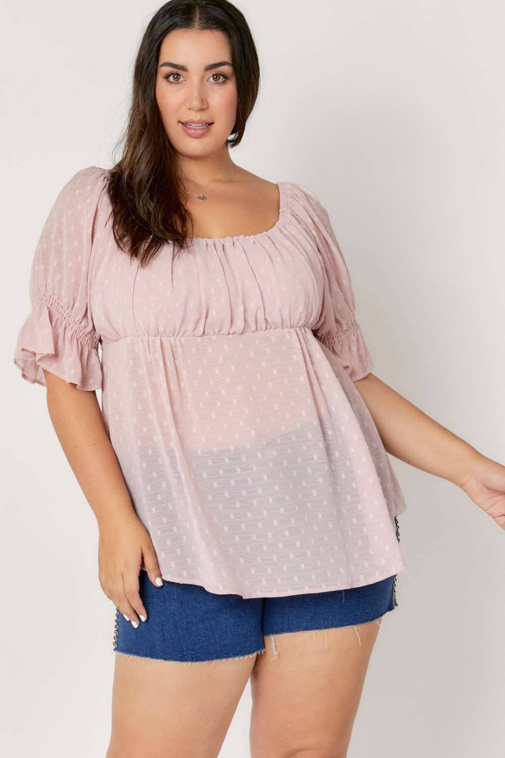 Davi & Dani - POLKA DOT SMOCKED RUFFLE SHORT PUFF SLEEVE TOP: PLUS