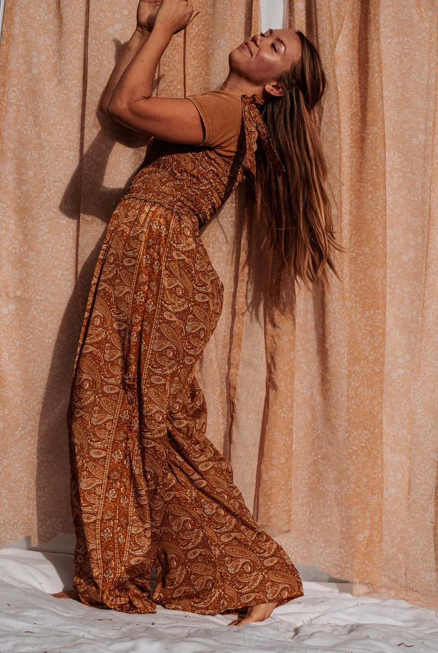 Gardenbelle Shop - Hippie Boho Smocked Shoulder Tie Jumpsuit, 2-in-1 Pants