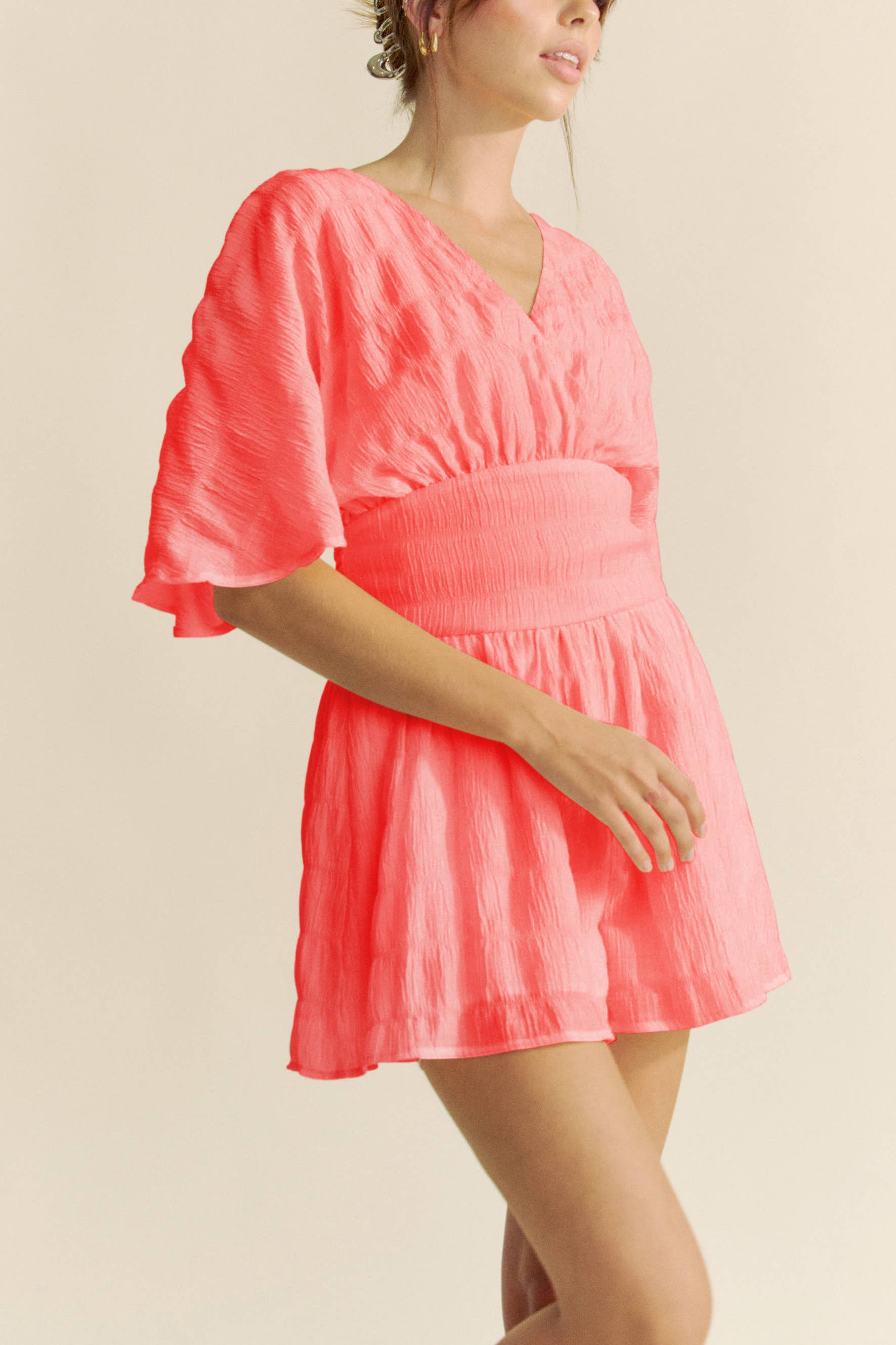 Davi & Dani - BATWING SLEEVES SNAPE BUTTON UP WAISTBELT ROMPER