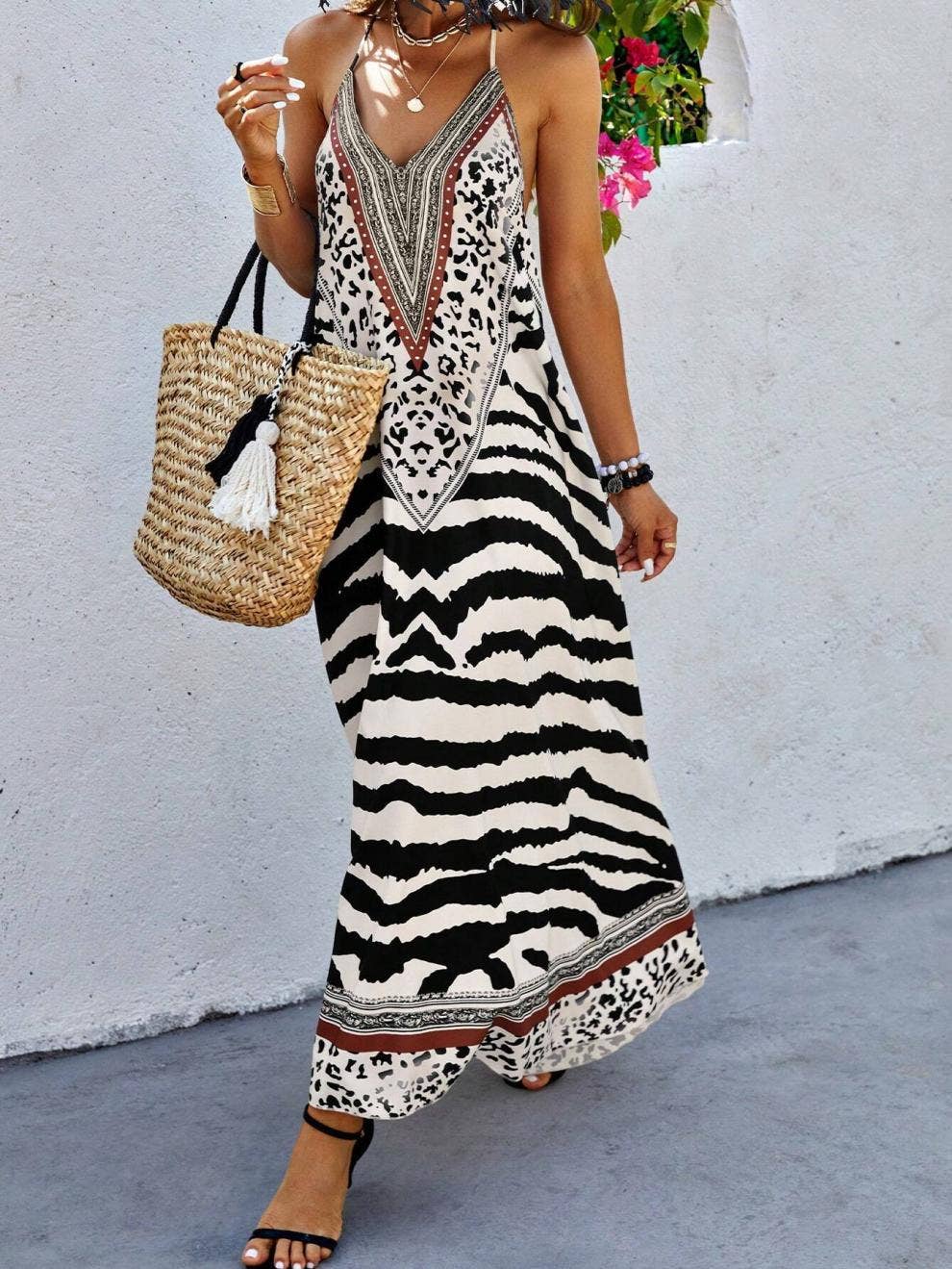 Anna Kaci Wholesale - V Neck Printed Spaghetti Strap A Line Maxi Dress