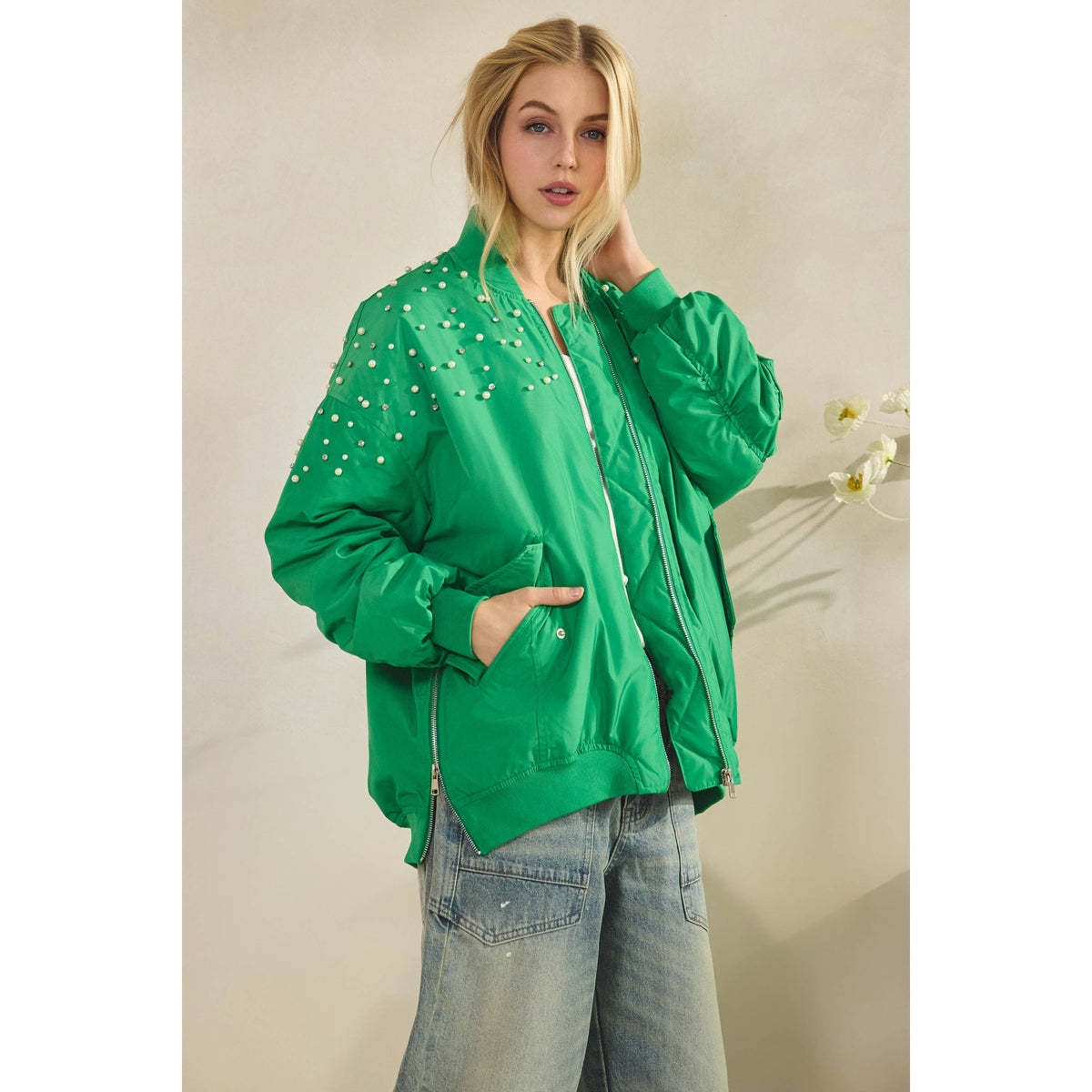Veveret - Rhinestone Oversize Bomber Jacket