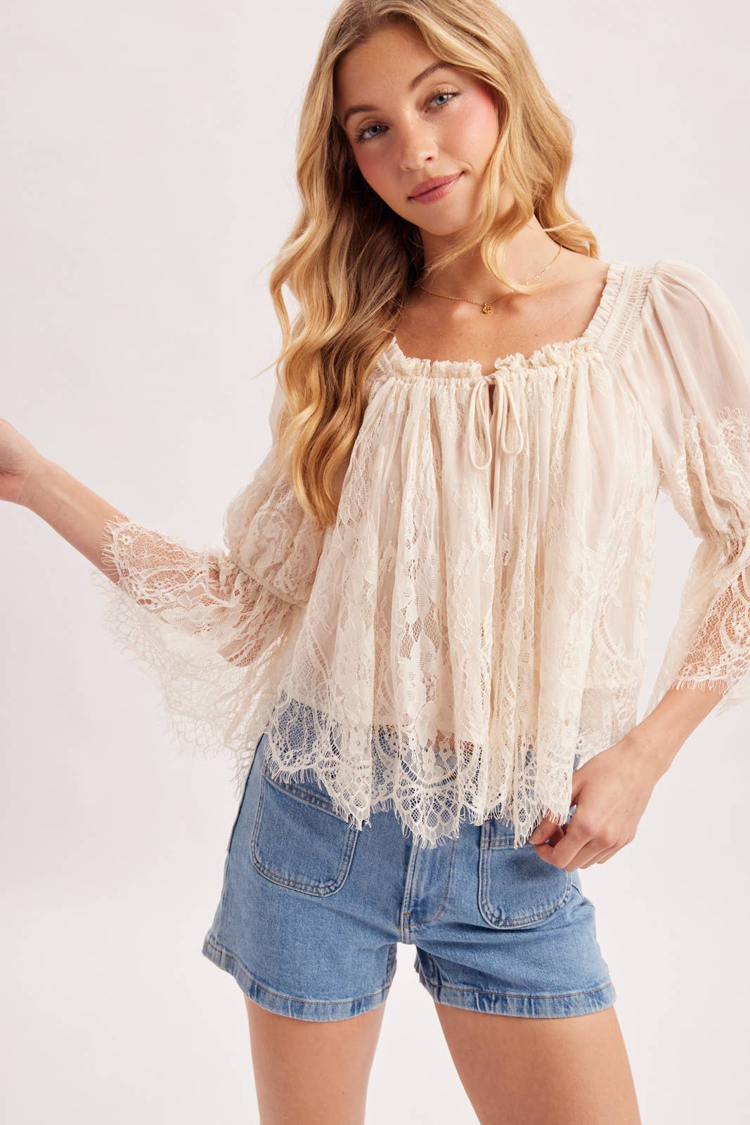 Bluivy - WIDE NECK RUFFLED EYELASH LACE BLOUSE - EASTER DAY
