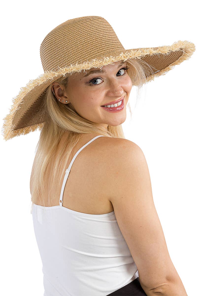 Cap Zone - Fray Trim Tight Weave Wide Floppy Brim Sun Hat