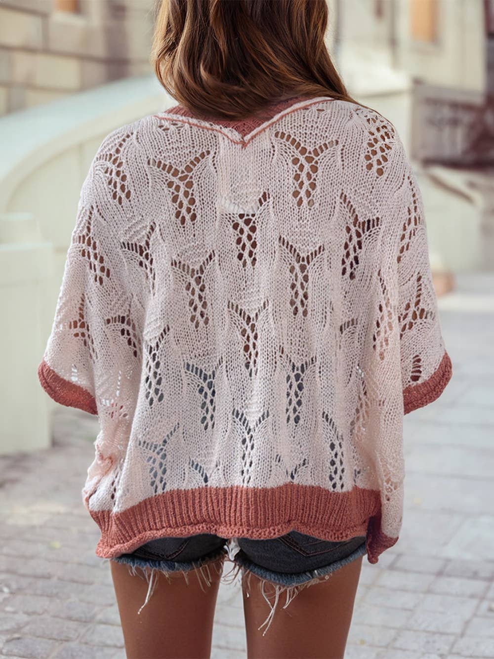 1 the Woman - Colorblock Edge Floral Embroider Half Sleeve Hollow Sweater