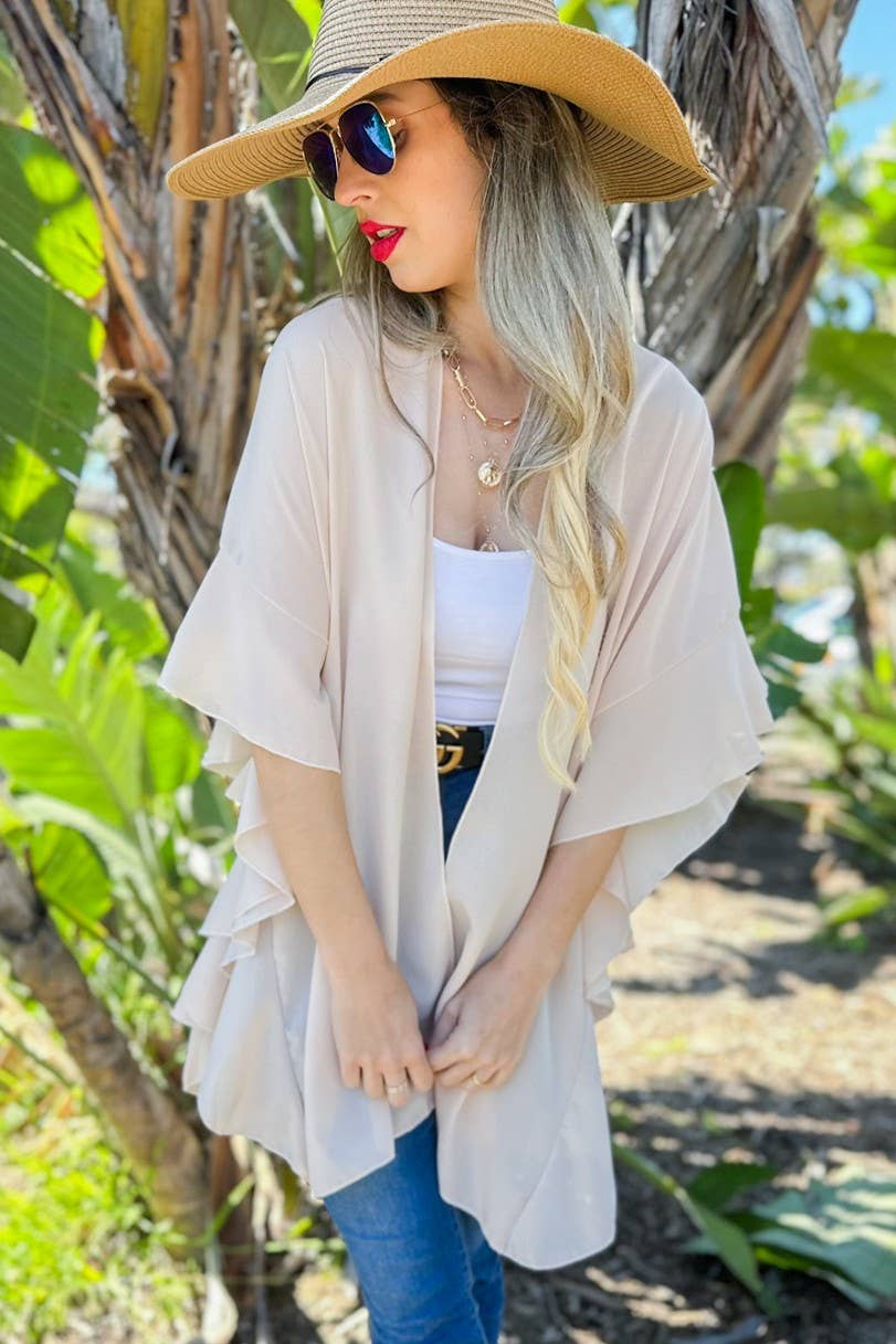 AMOLI - Beige Solid Chiffon Ruffled Sleeve Kimono Cover Up