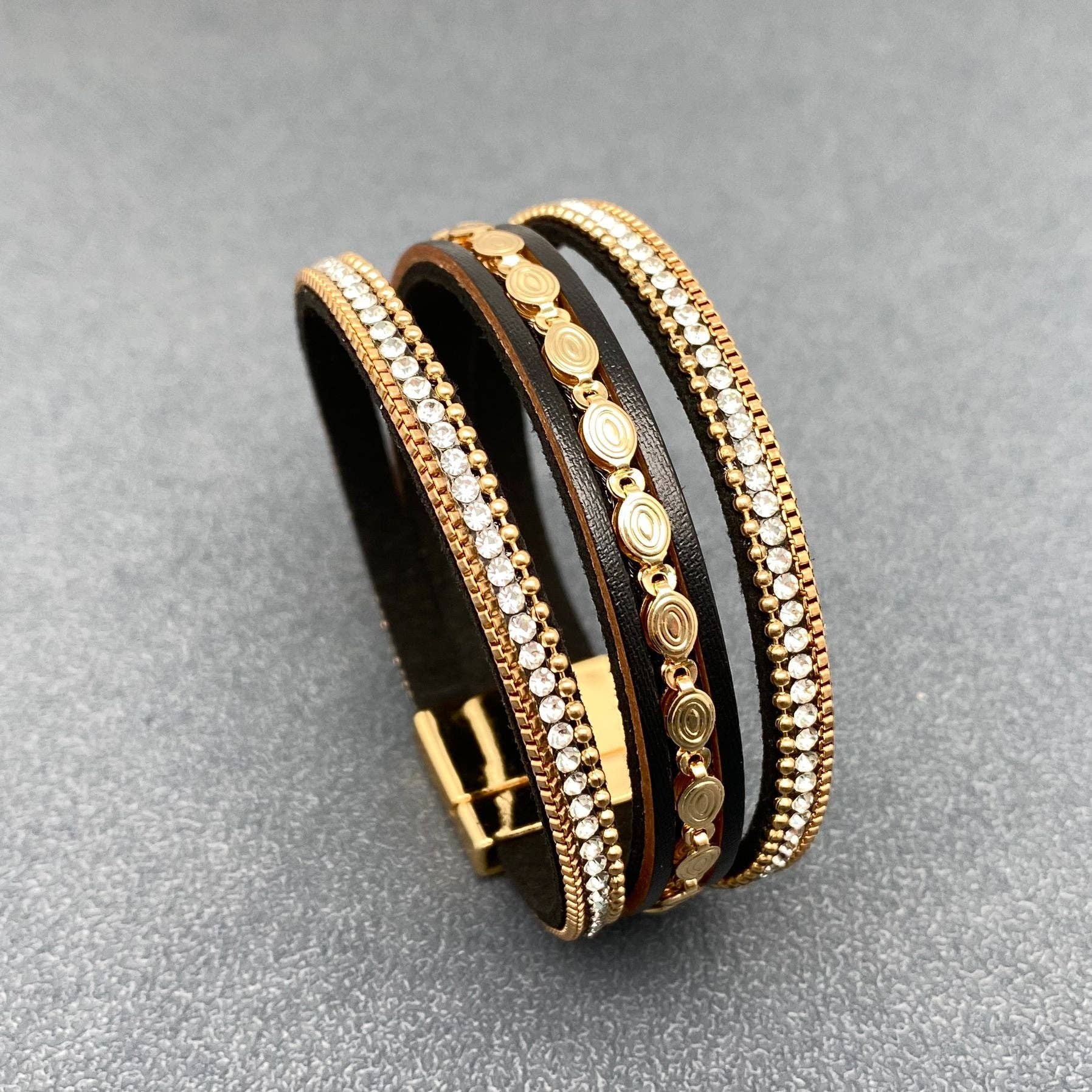 Mio Queena - LB - Sparkling Rhinestone & Leather Triple-Layer Boho Bracelet