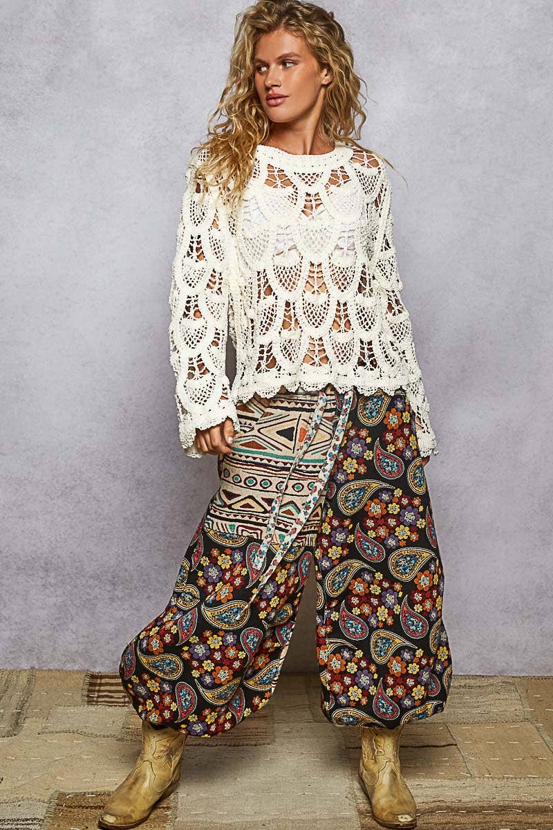 Pol Clothing - Round neck long sleeve solid crochet top