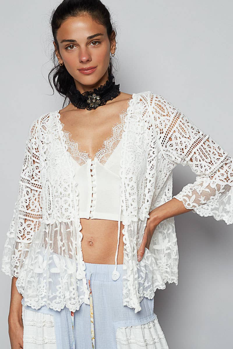 Pol Clothing - V-neck short sleeve crochet floral lace cardigan