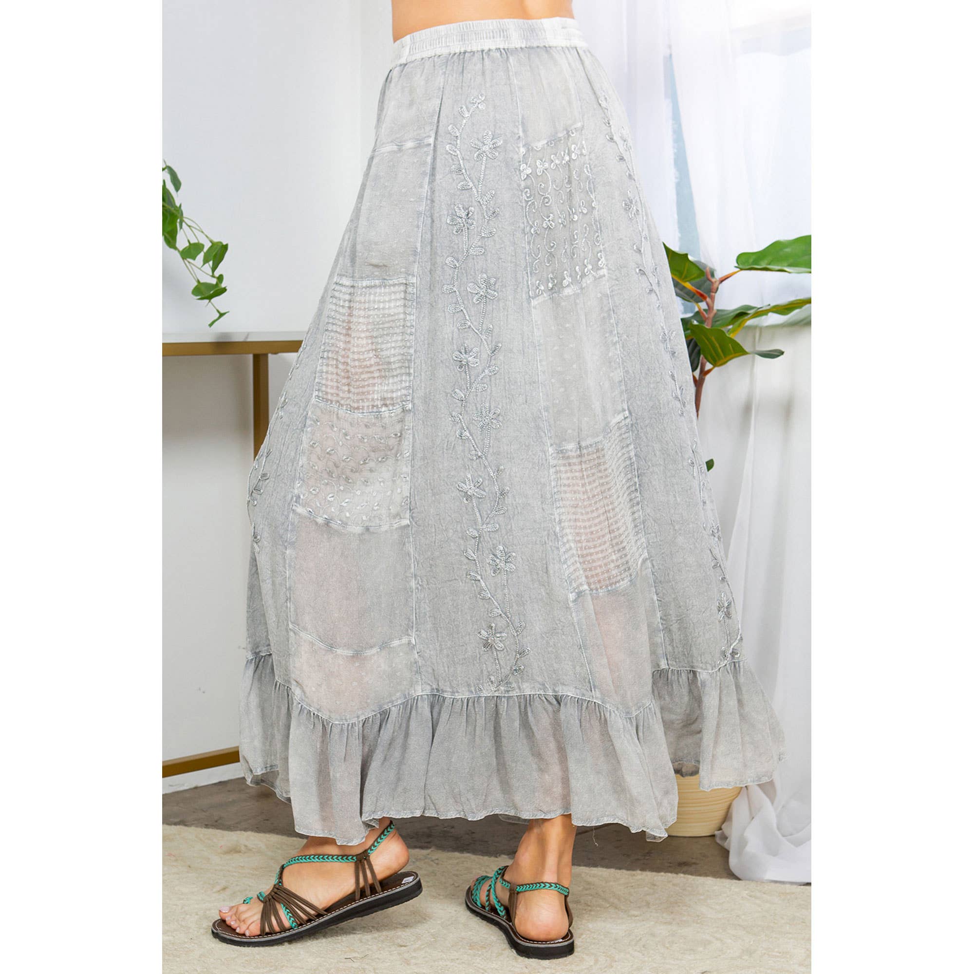 Young Threads - Gypsy Rhapsody: Textured Tiered Skirt With Aari Embroidery