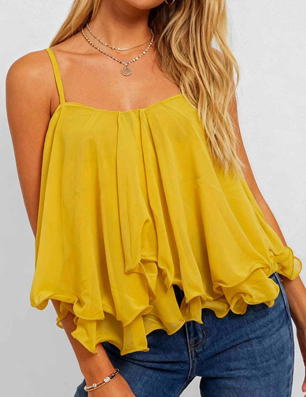 Sweetkama - Ladies Chiffon Square Neck Tiered Ruffle Cami Top