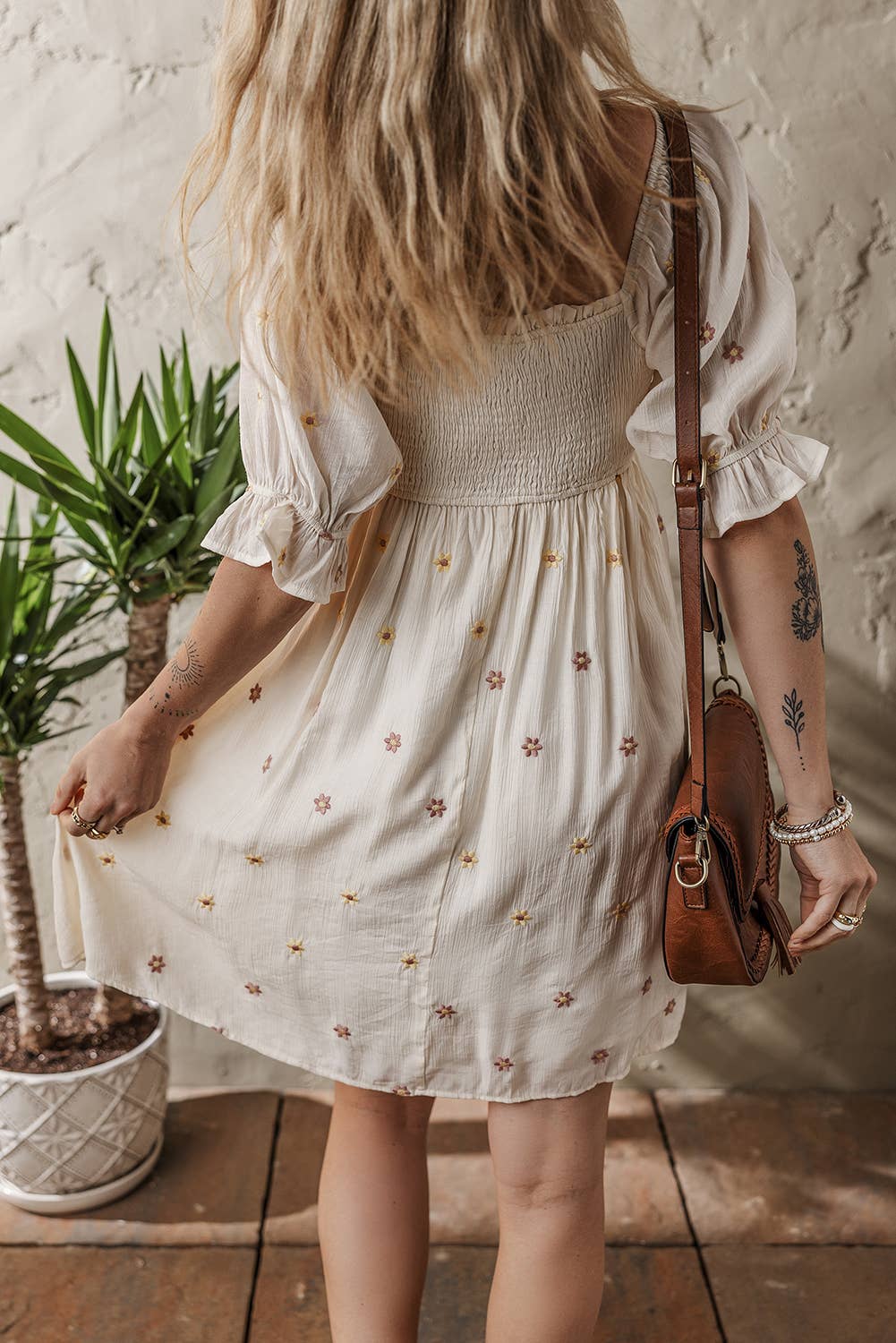 1 the Woman - Embroidered Flower Smocked Bust Half Puff Sleeve Flowy Dress