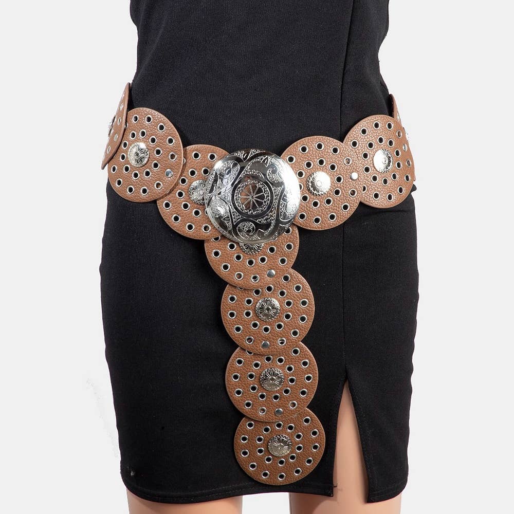 Collections by Fame Accessories - Vegan Leather Grommet Disc Chain Belt