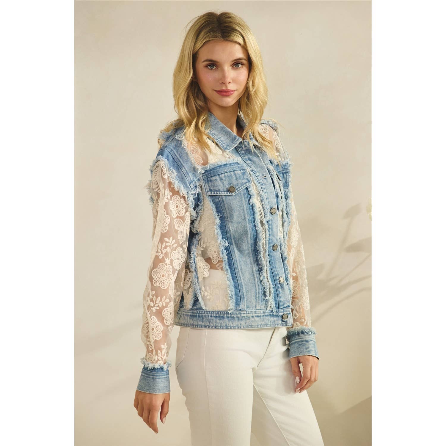 Veveret - Denim Jacket with Floral Organza Inset