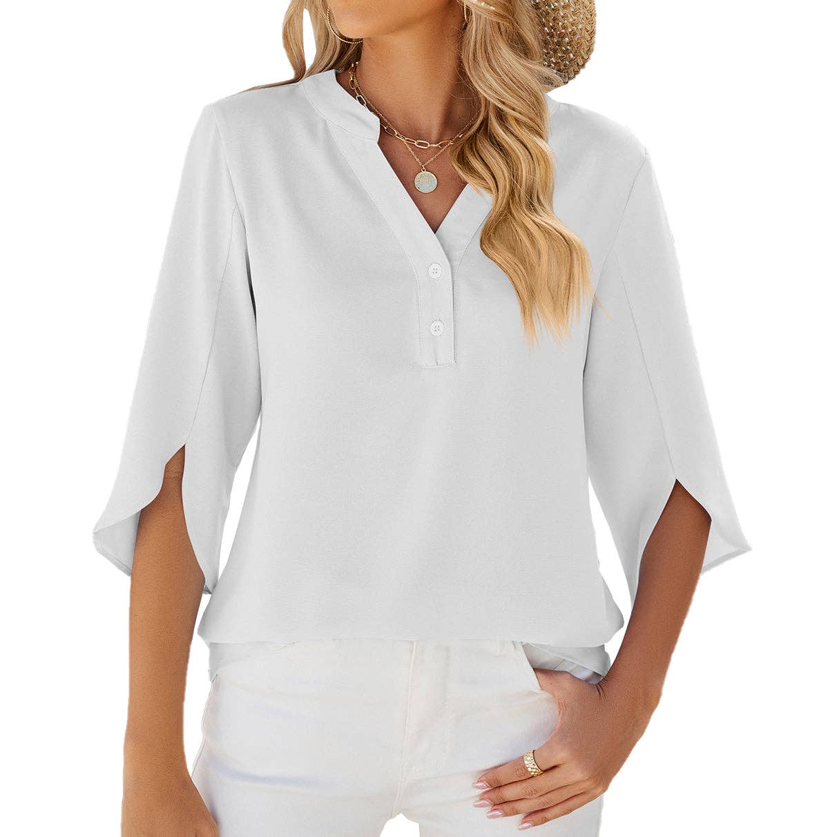 Lovesoft - V-neck Medium sleeve chiffled chiffon top