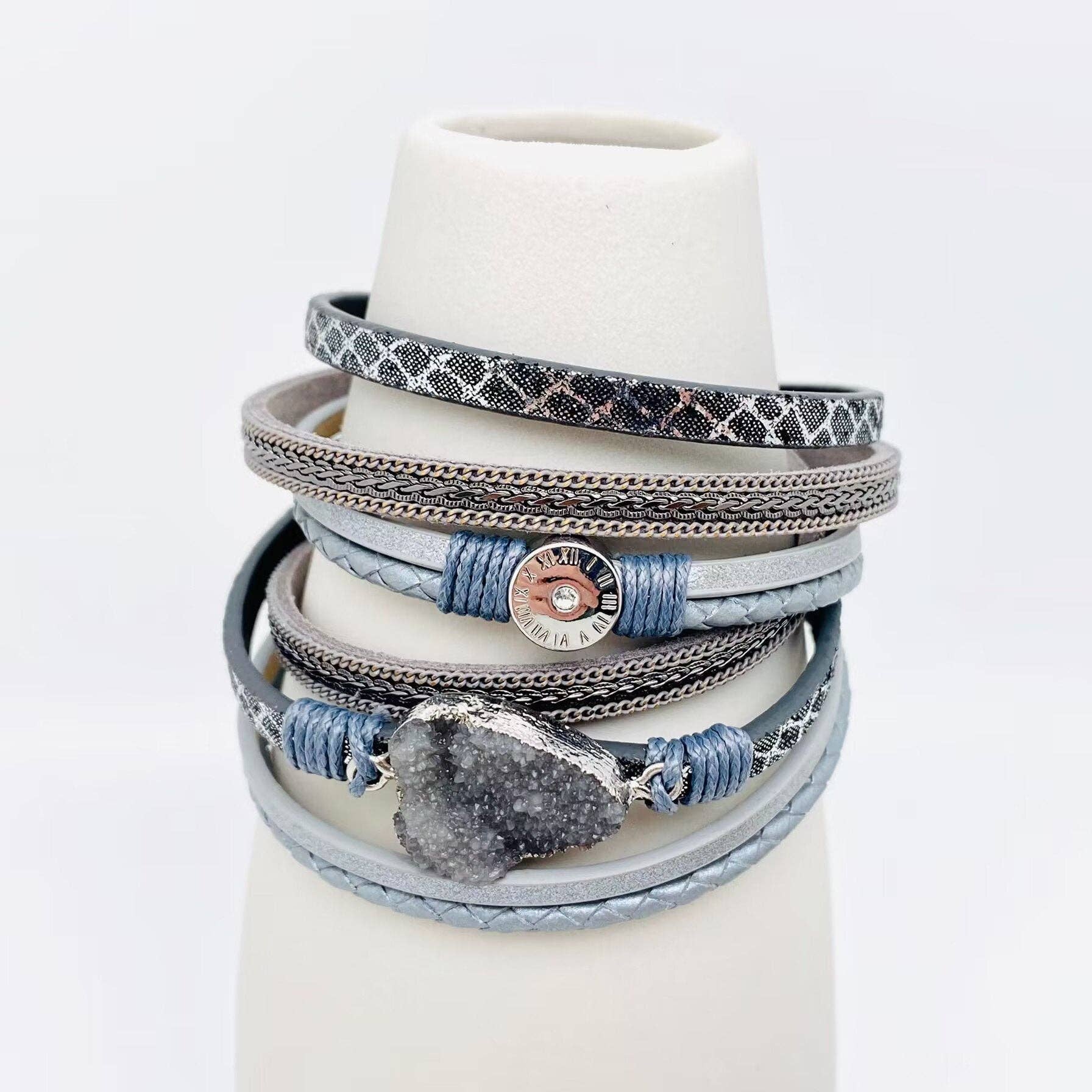 Mio Queena - Crystal Multi-Layer Leather Magnetic Snap Bracelet