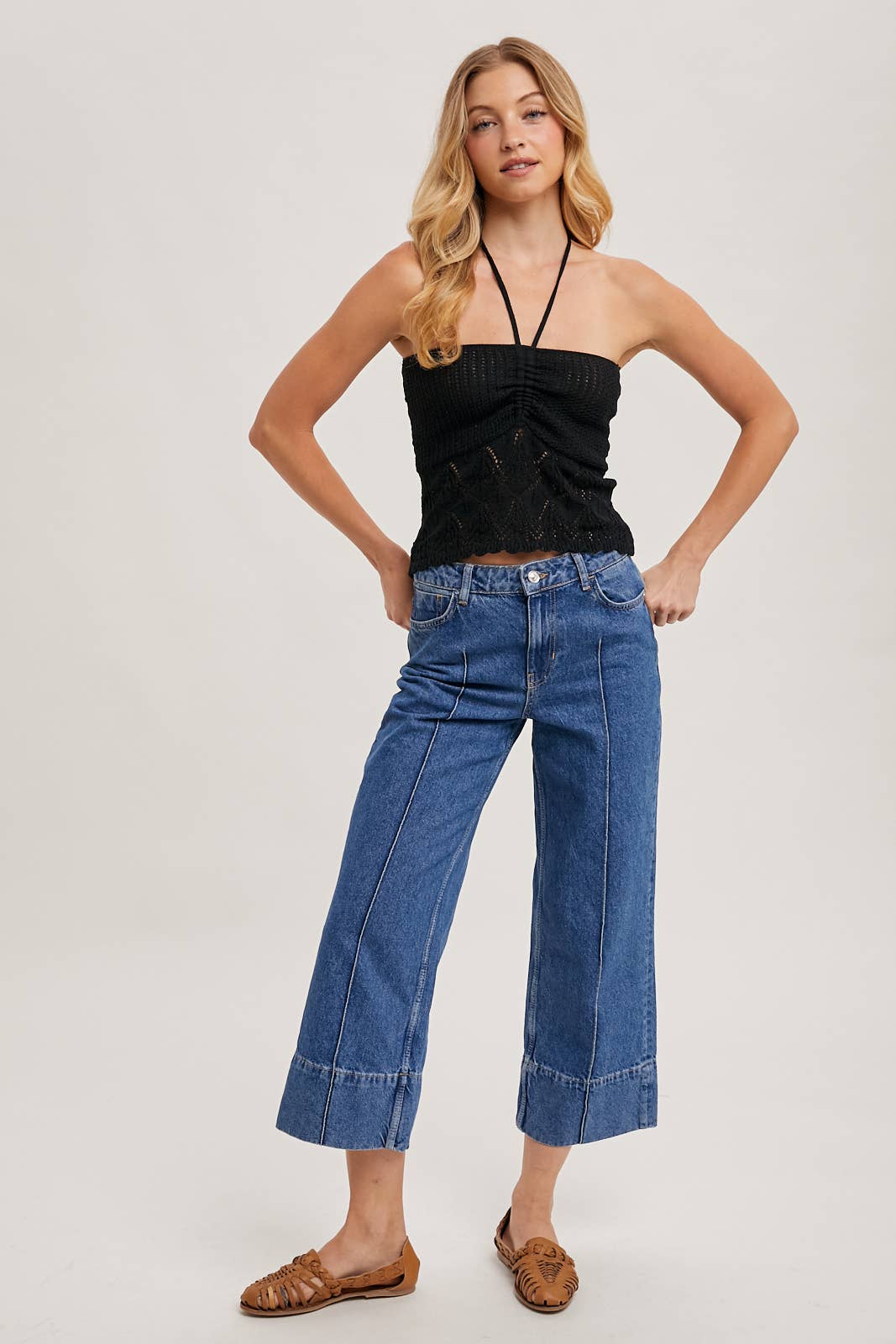 Bluivy - KNOTTED POINTELLE KNIT HALTER TOP SWEATER