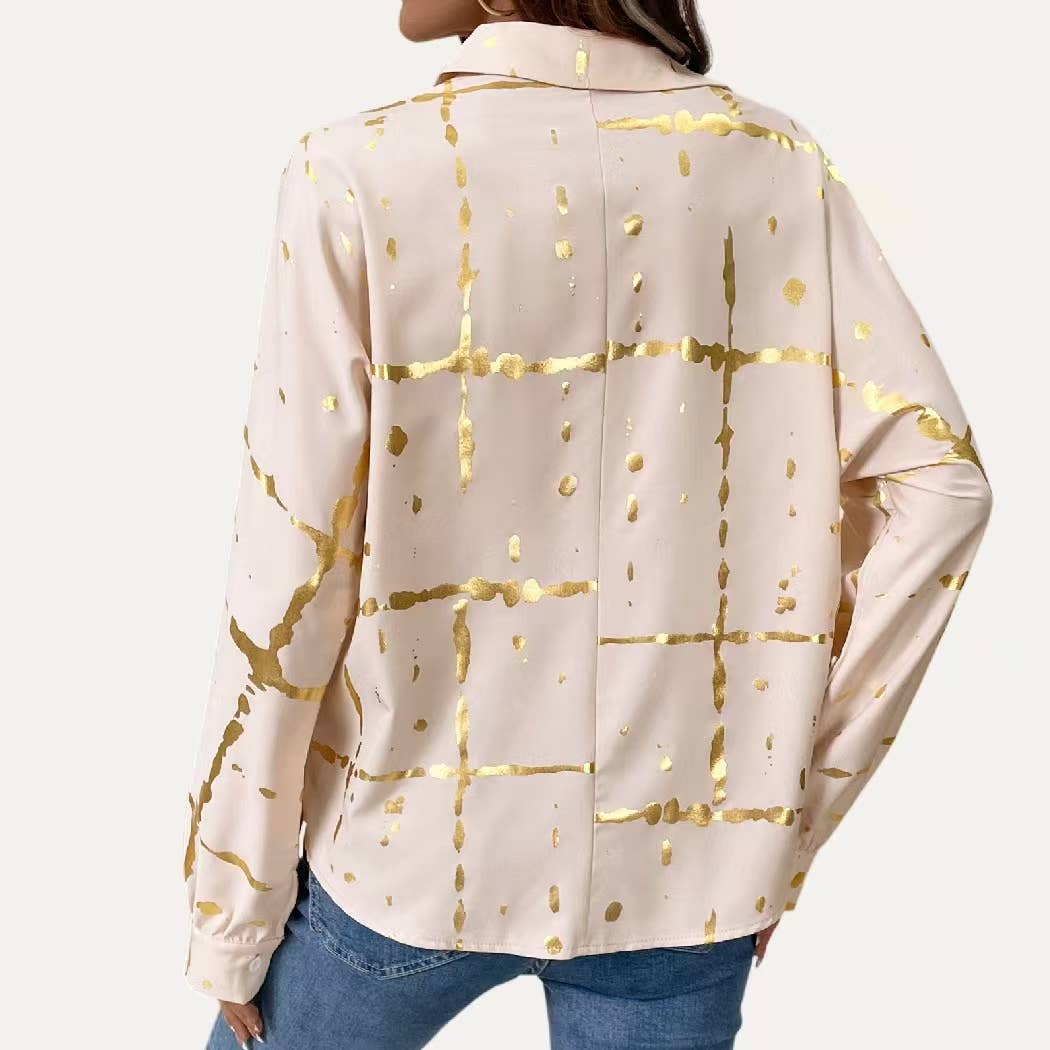 The Moment Collection - Light Khaki Metallic Gold Pattern Collared Butto-Up Shirt