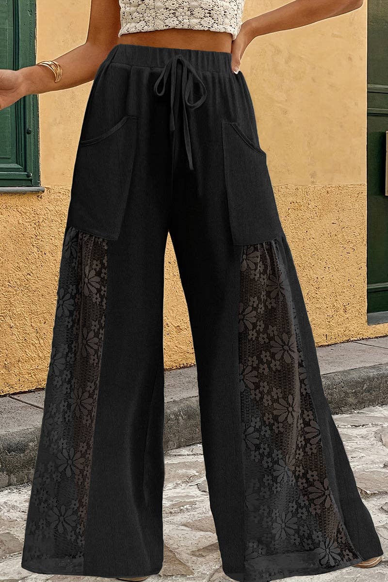 Mccolin - Drawstring Lace Panel Casual Pants