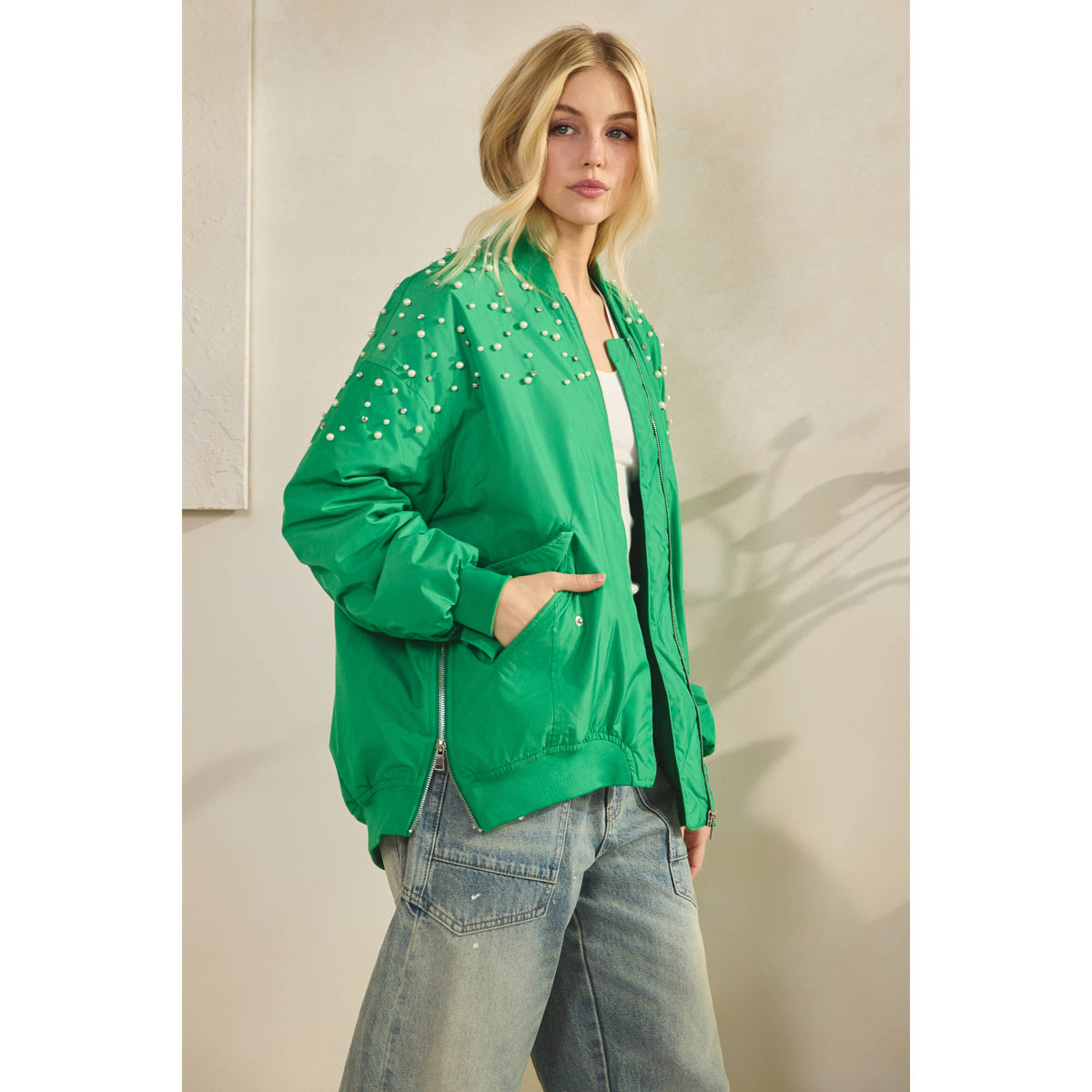 Veveret - Rhinestone Oversize Bomber Jacket