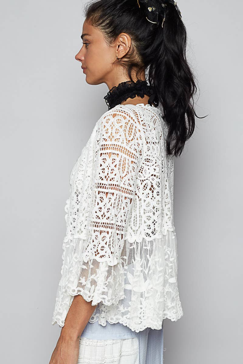 Pol Clothing - V-neck short sleeve crochet floral lace cardigan
