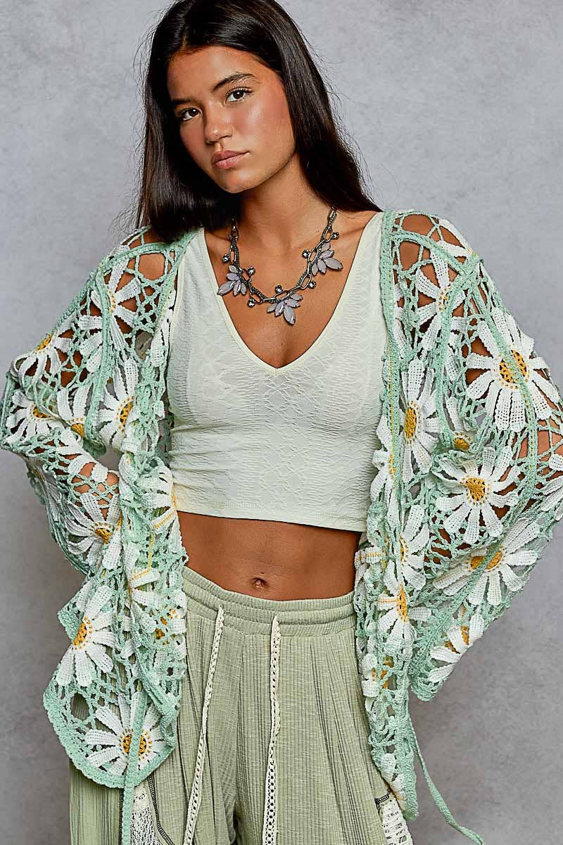 Pol Clothing - Long sleeve V neck crochet knit open cardigan