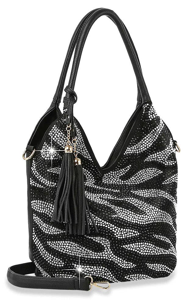 Handbag Express - Zebra Rhinestone Pattern Shoulder Bag - Black