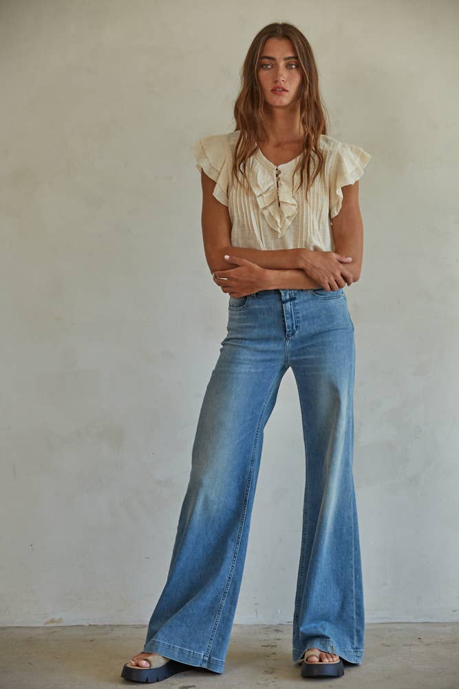 By Together - L6502 | Woven Cotton Linen Button V-Neck Short Sleeve Top