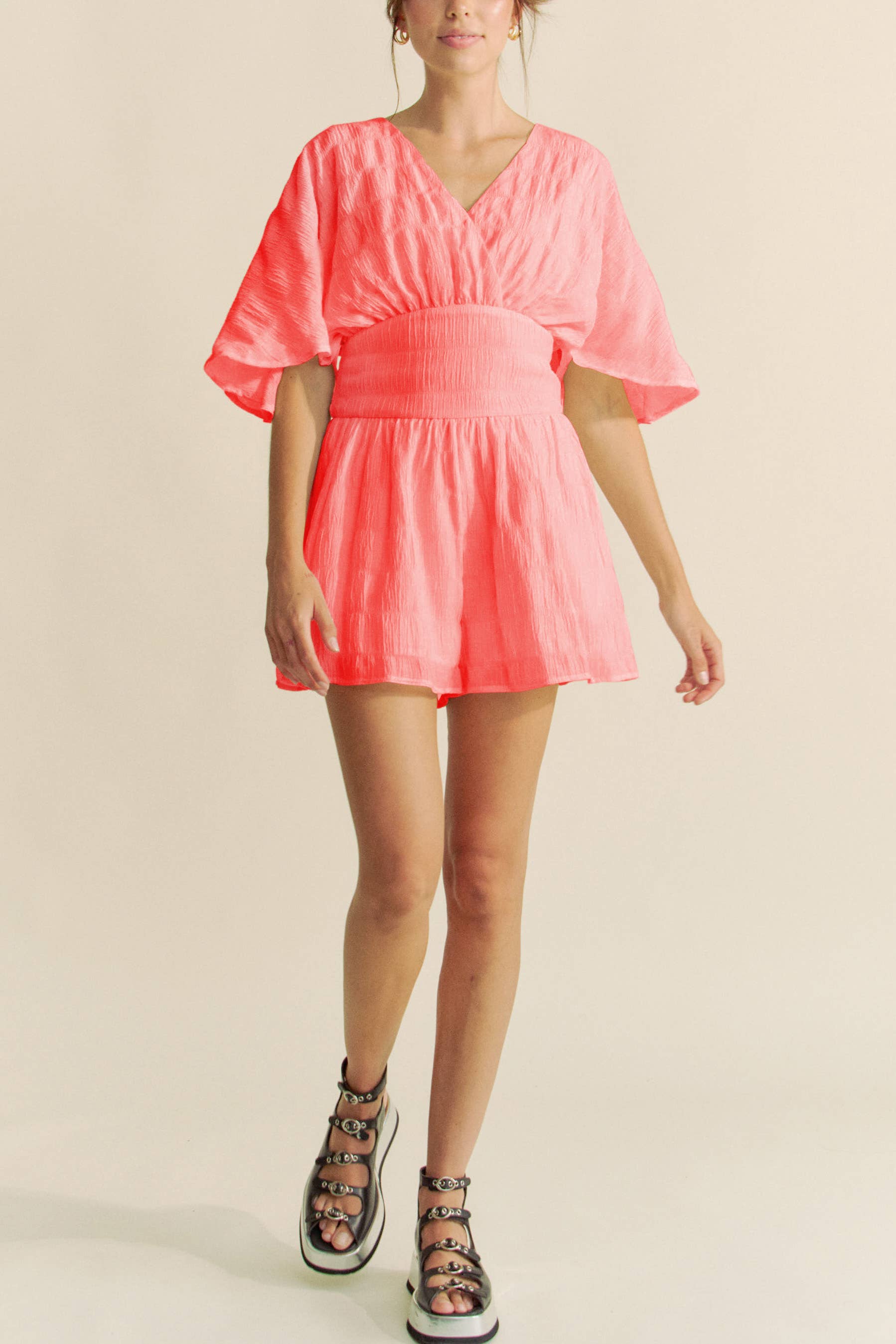 Davi & Dani - BATWING SLEEVES SNAPE BUTTON UP WAISTBELT ROMPER