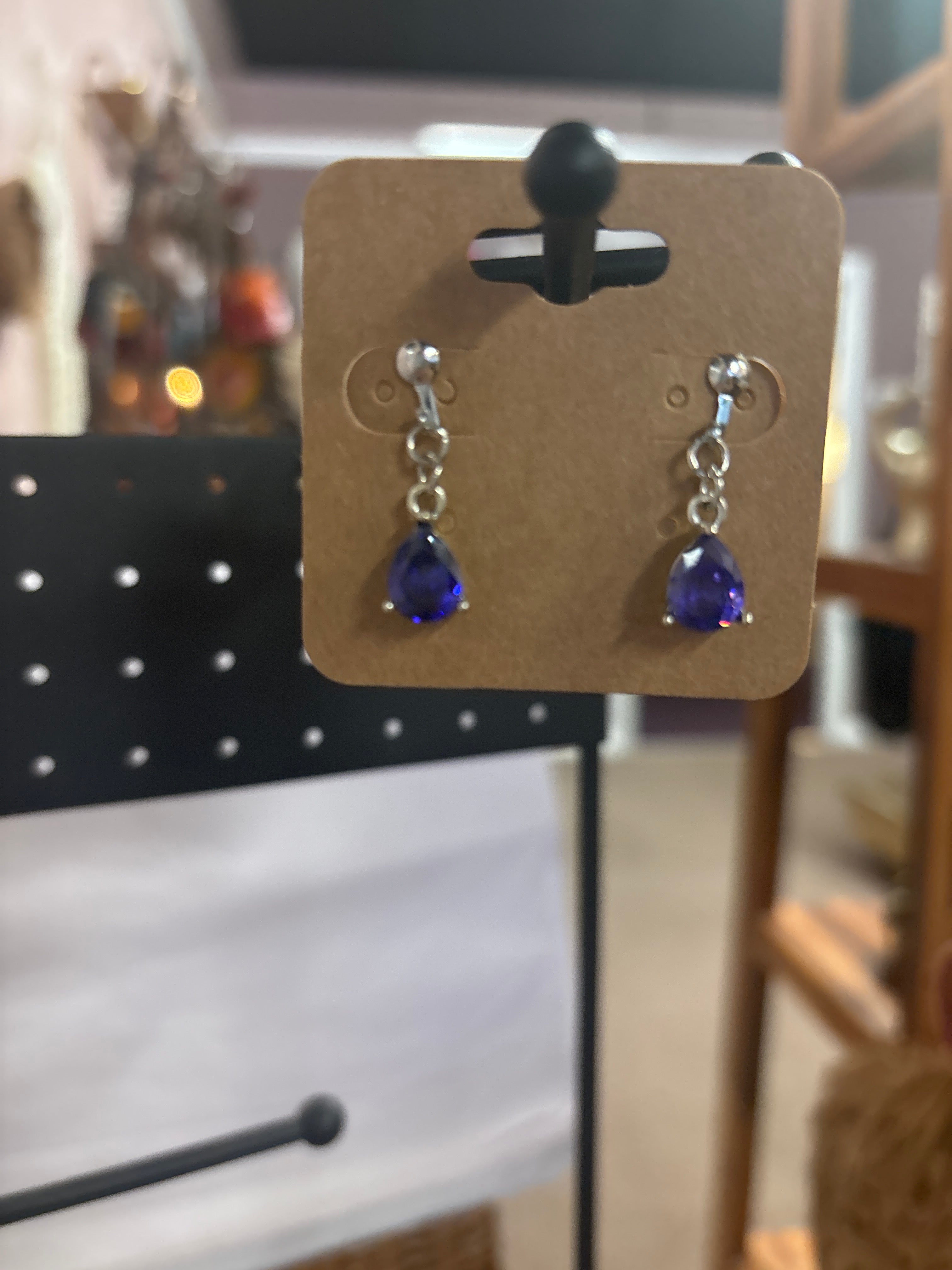 OhHeyBec--Clip on dangle earrings with blue stone