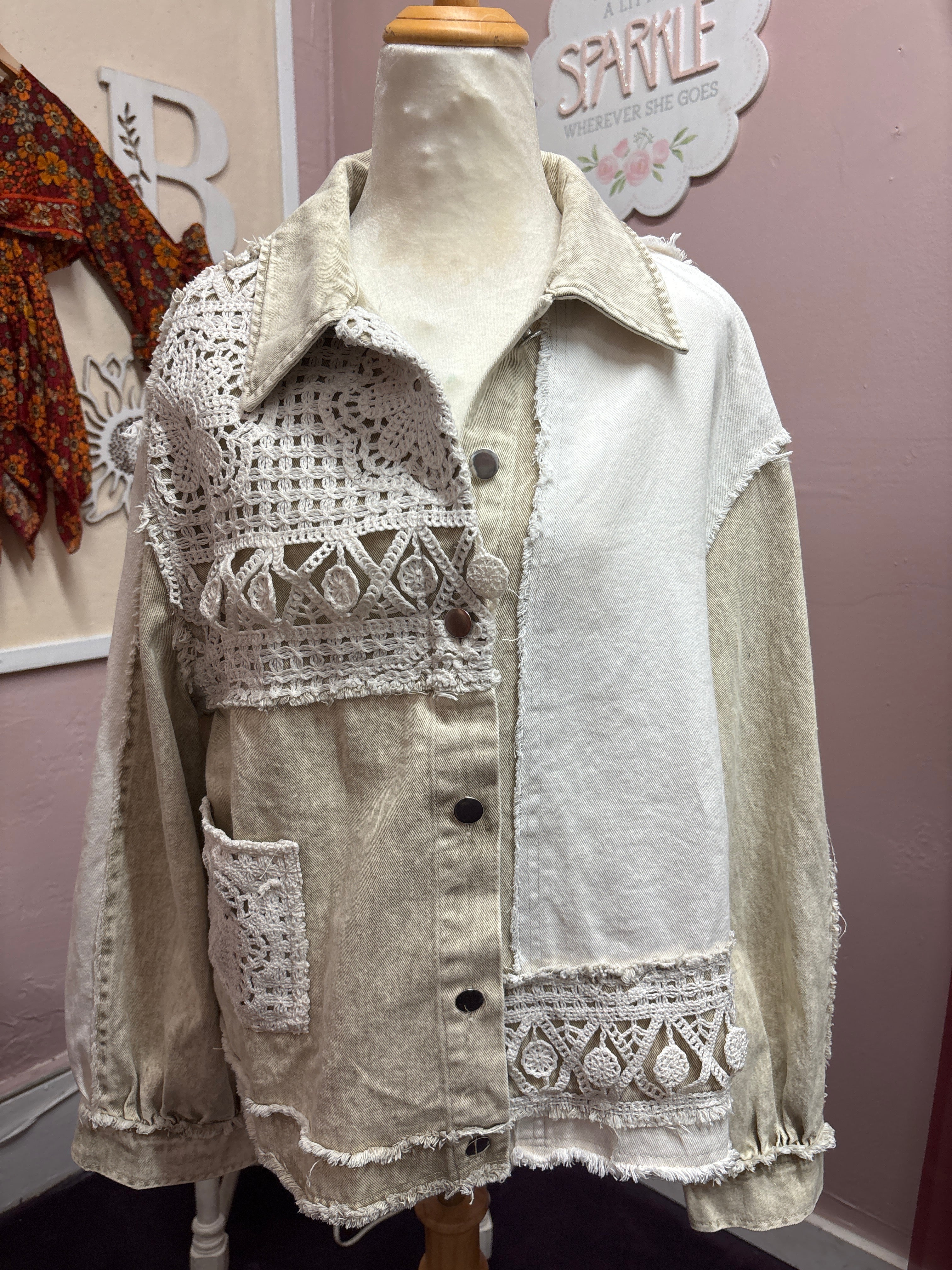 Cutie Judy- Tan and Cream denim and lace jacket