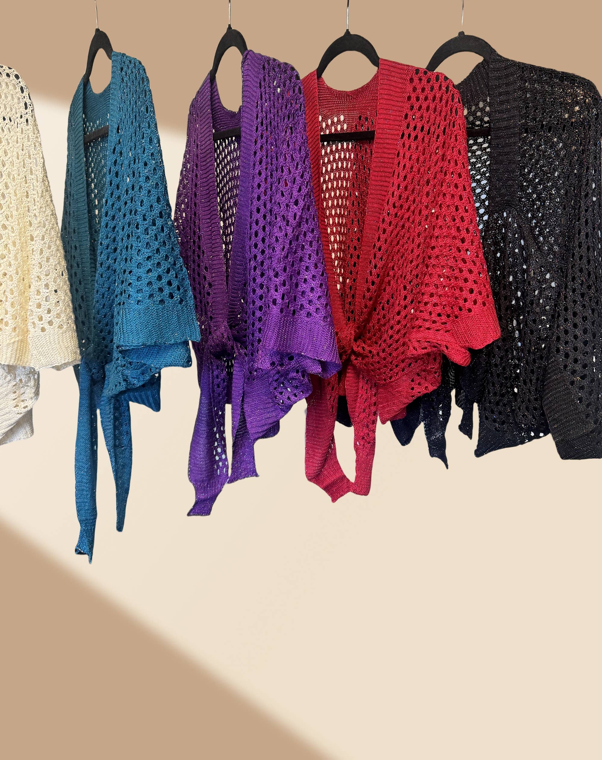 JC Sunny Fashion - Eyelet Open-Knit Metallic Cardigan with Front Tie