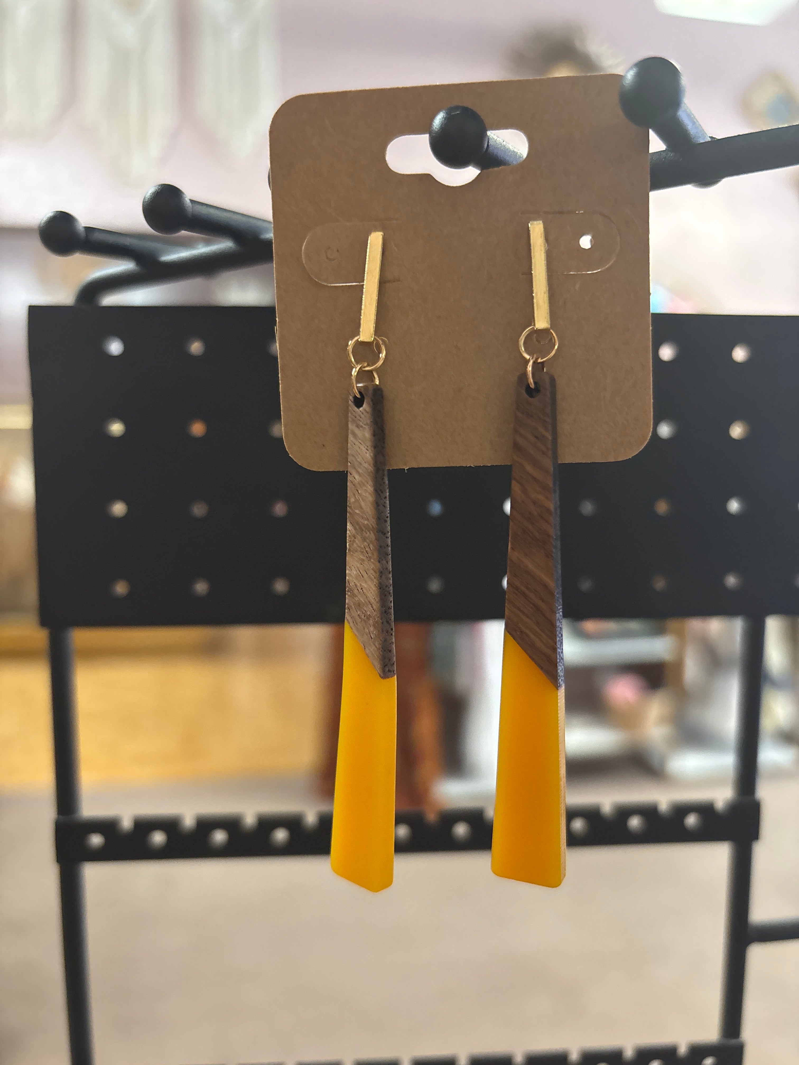 OhHeyBec--Large wood and resing dangle earrings