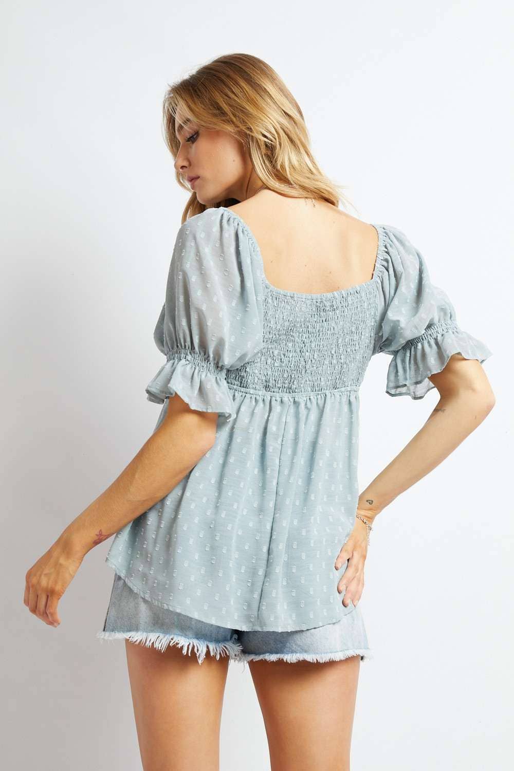Davi & Dani - POLKA DOT SMOCKED RUFFLE SHORT PUFF SLEEVE TOP: PLUS