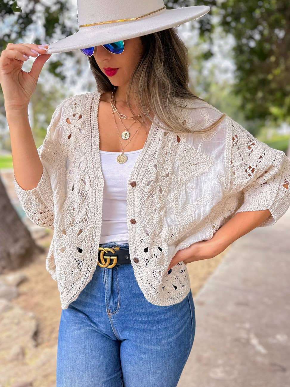 AMOLI - Ivory Boho Lace Detail Dolman Sleeve Button-Down Cardigan