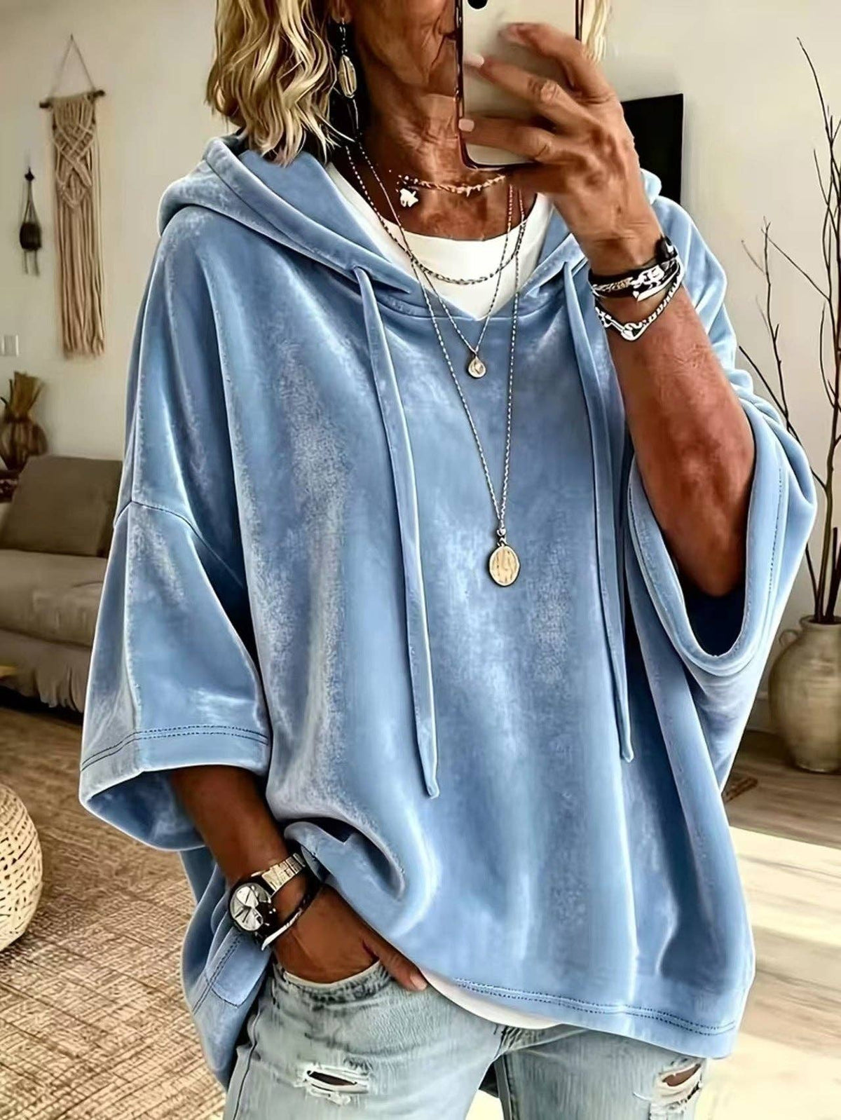 Lovesoft - Women’s Oversized V Neck Hooded Sweatshirt 3/4 Sleeve Pullover