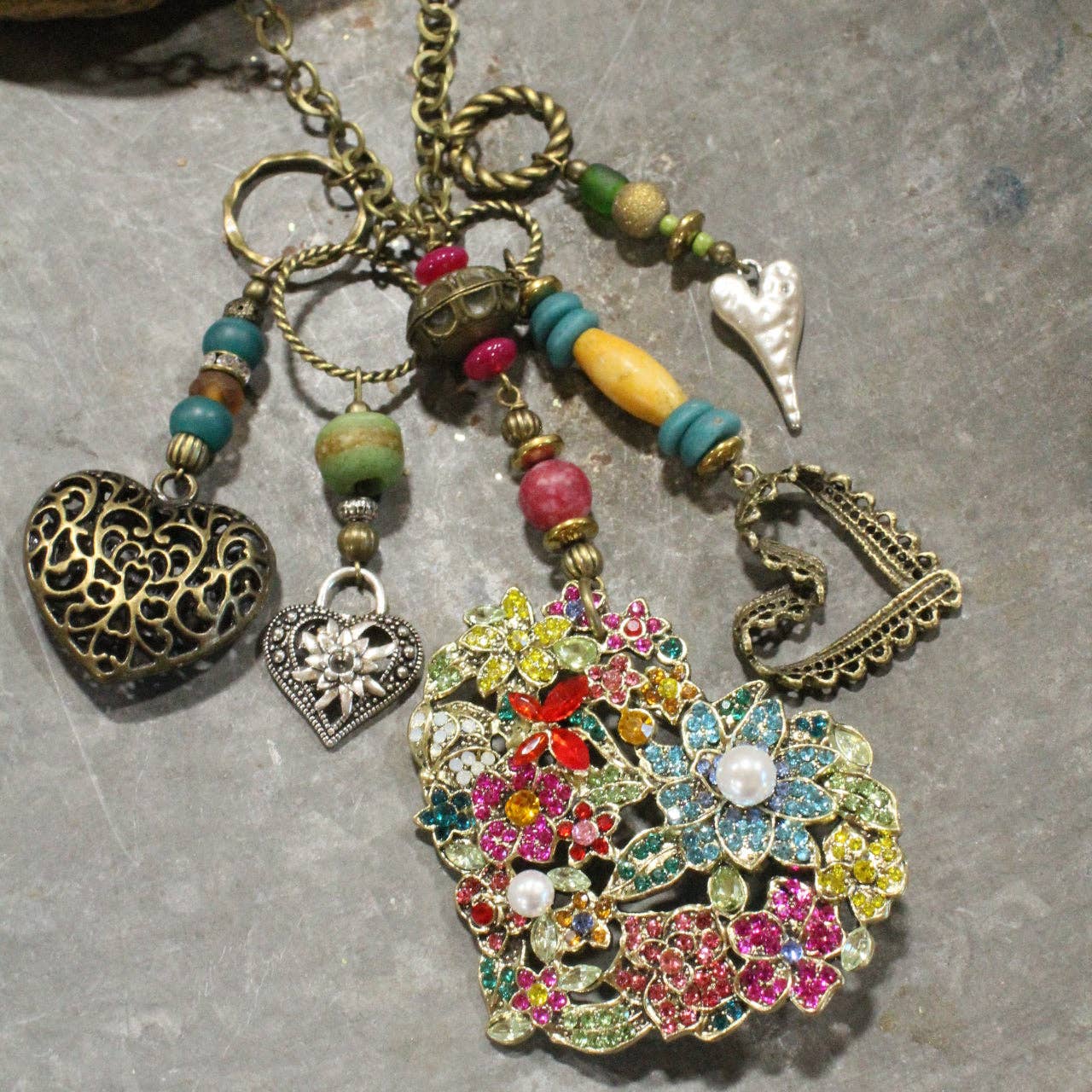 Whimsical Fun Mixed Metal Heart Charmers Necklace