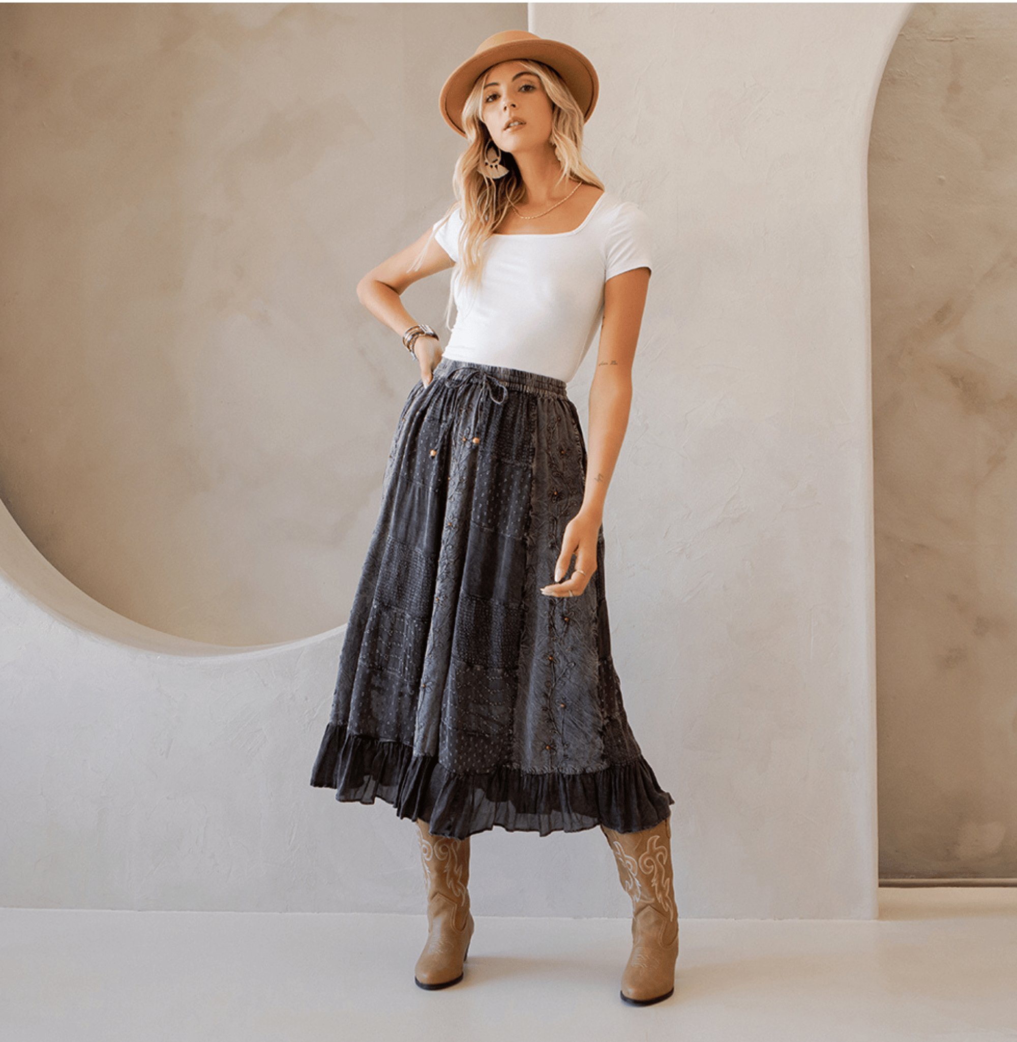 Young Threads - Women Patchwork Embroidered Maxi Skirt With Side Pockets