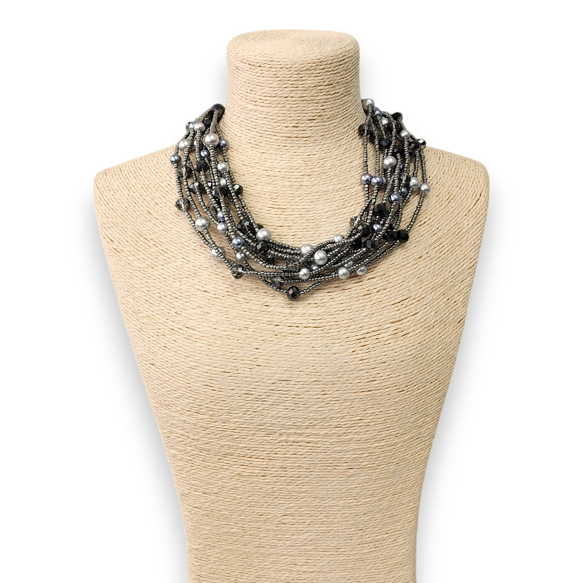Bijoux Envie Statement Jewelry - Hematite & Pearl Collar Necklace | Chunky Statement Jewelry