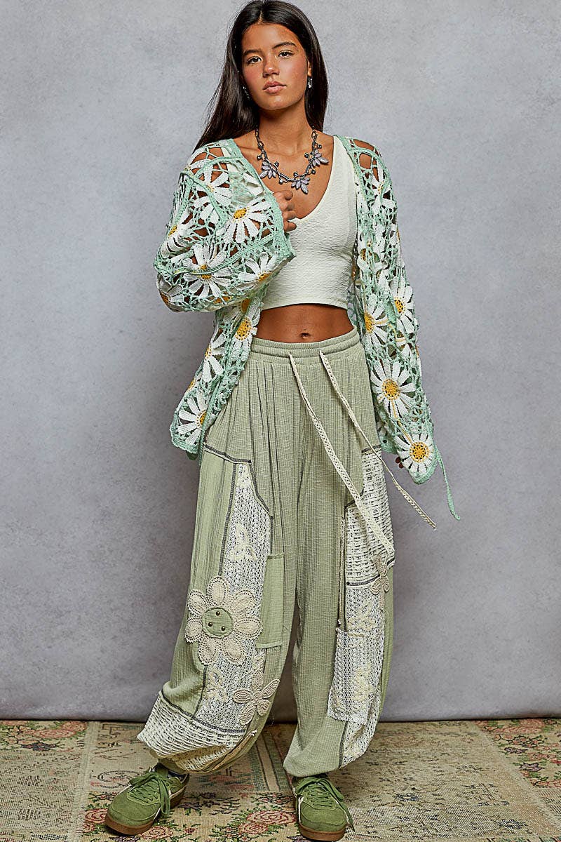 Pol Clothing - Long sleeve V neck crochet knit open cardigan