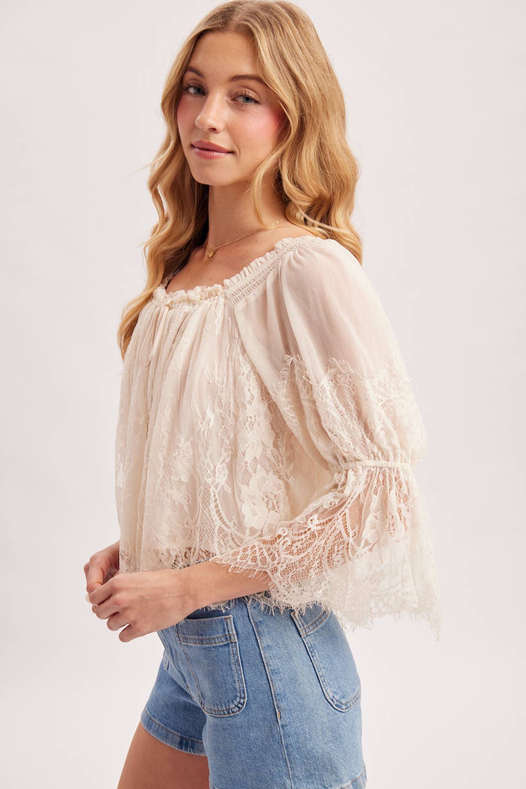 Bluivy - WIDE NECK RUFFLED EYELASH LACE BLOUSE - EASTER DAY
