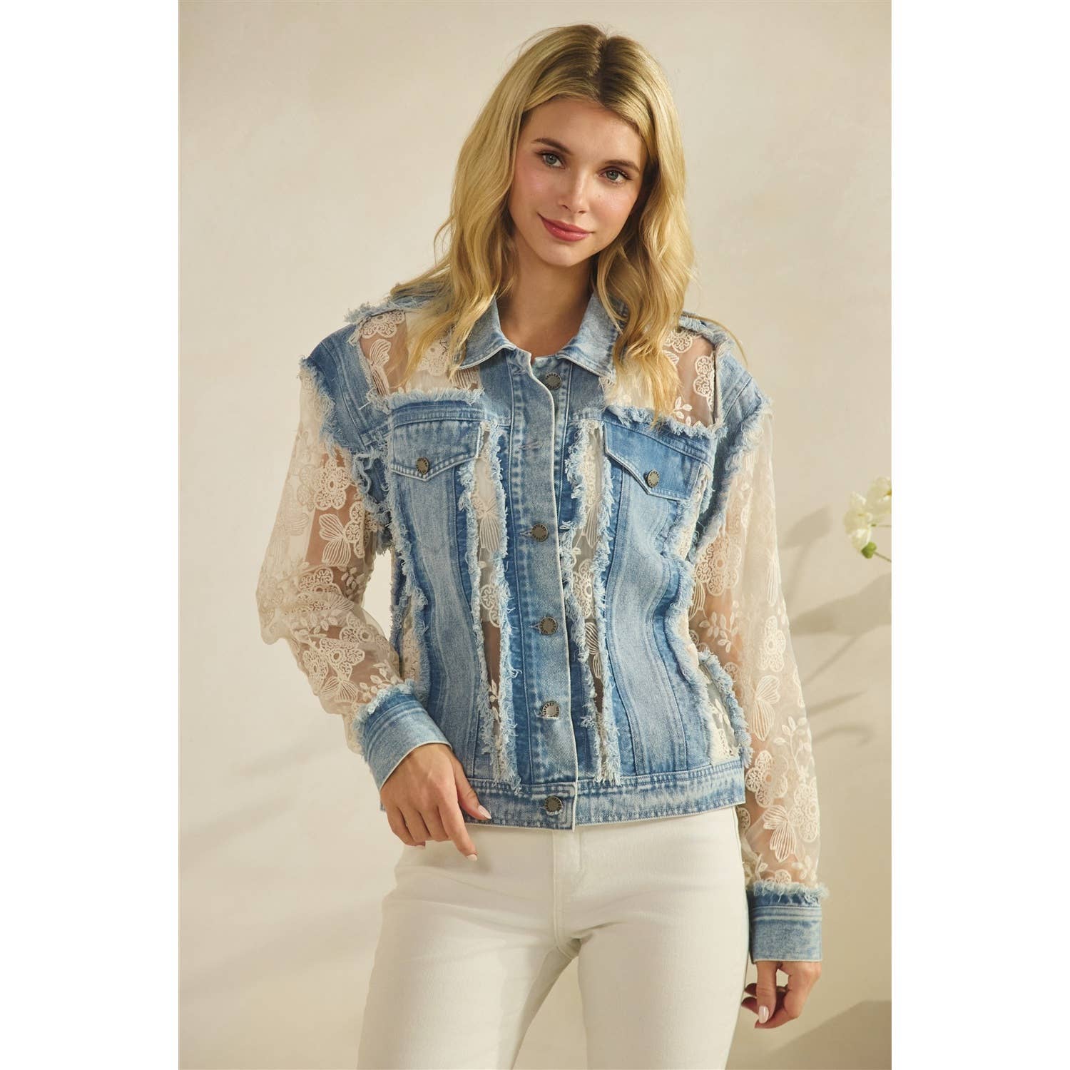 Veveret - Denim Jacket with Floral Organza Inset