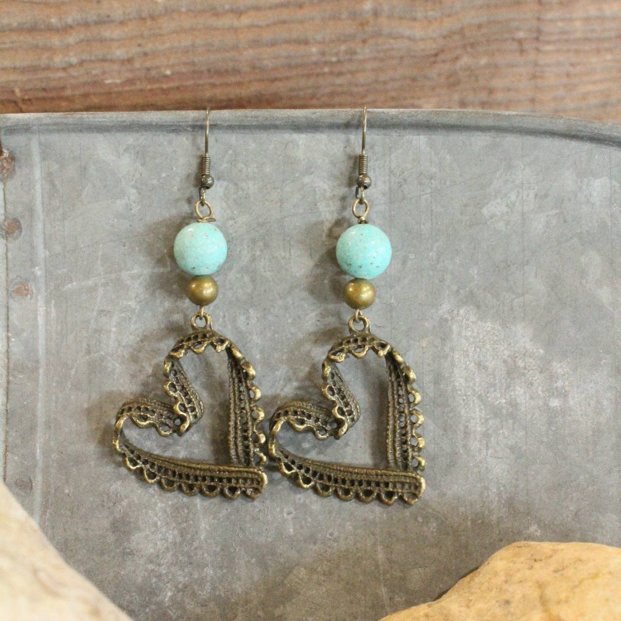The Primitive Peddler, Inc. - Bronze & Turquoise Heart Earrings
