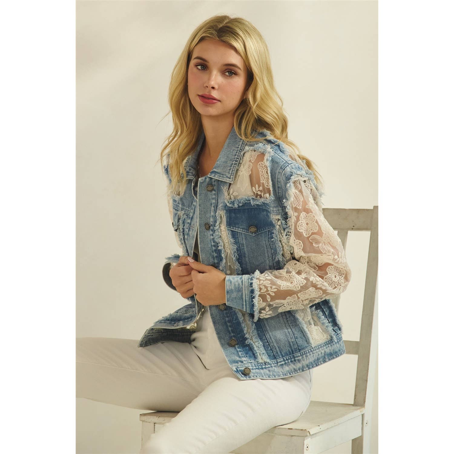 Veveret - Denim Jacket with Floral Organza Inset